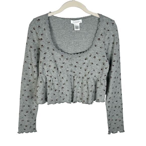 Kirious Babydoll Top Large Gray Floral Waffle Knit Long Sleeve Crop Fairycore - Picture 3 of 12
